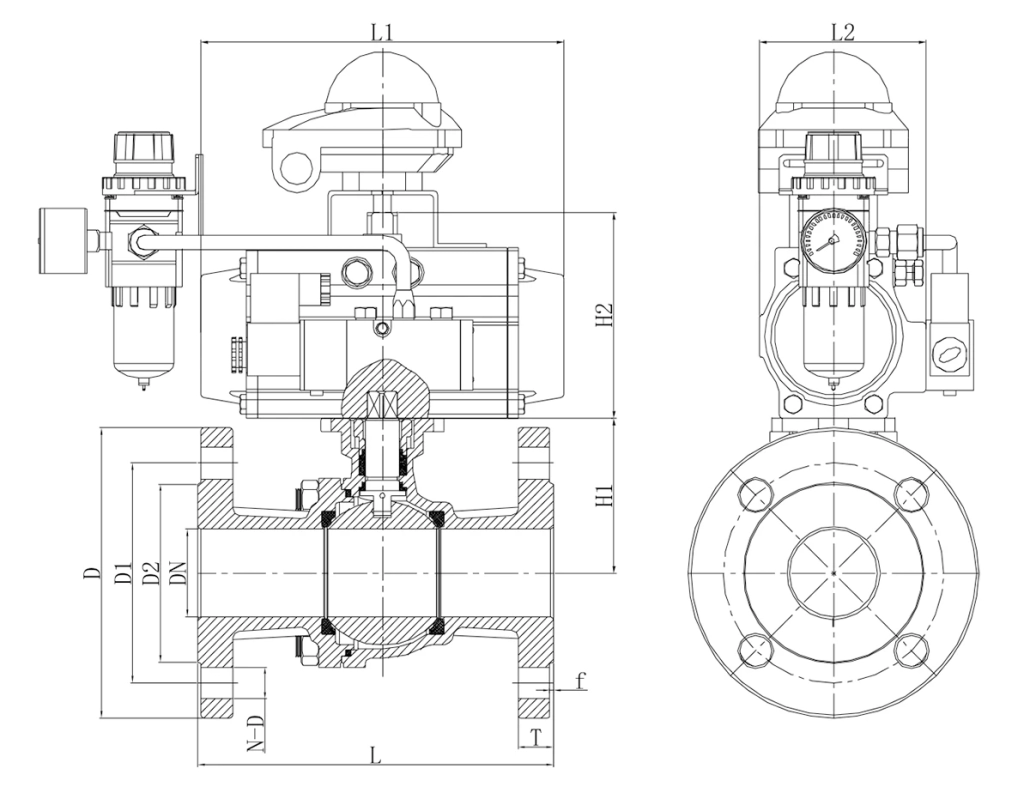 dimension pf flanged pneumatic actuated ball valve