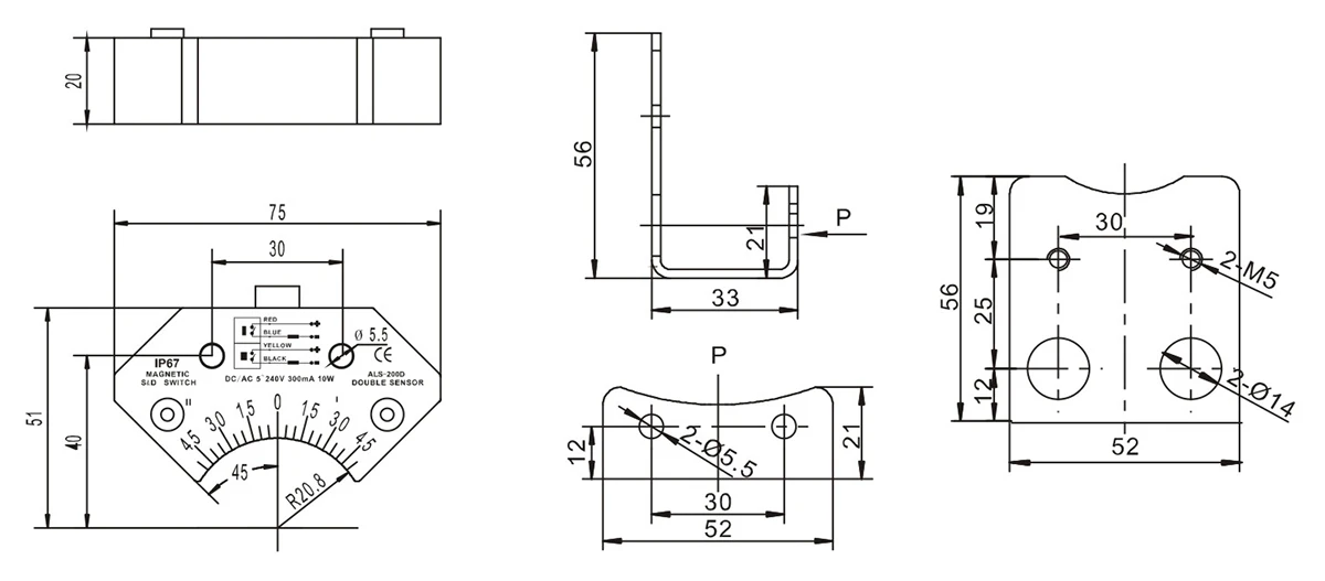 Dimension of ALS-200D magnetic sensor valve position monitor