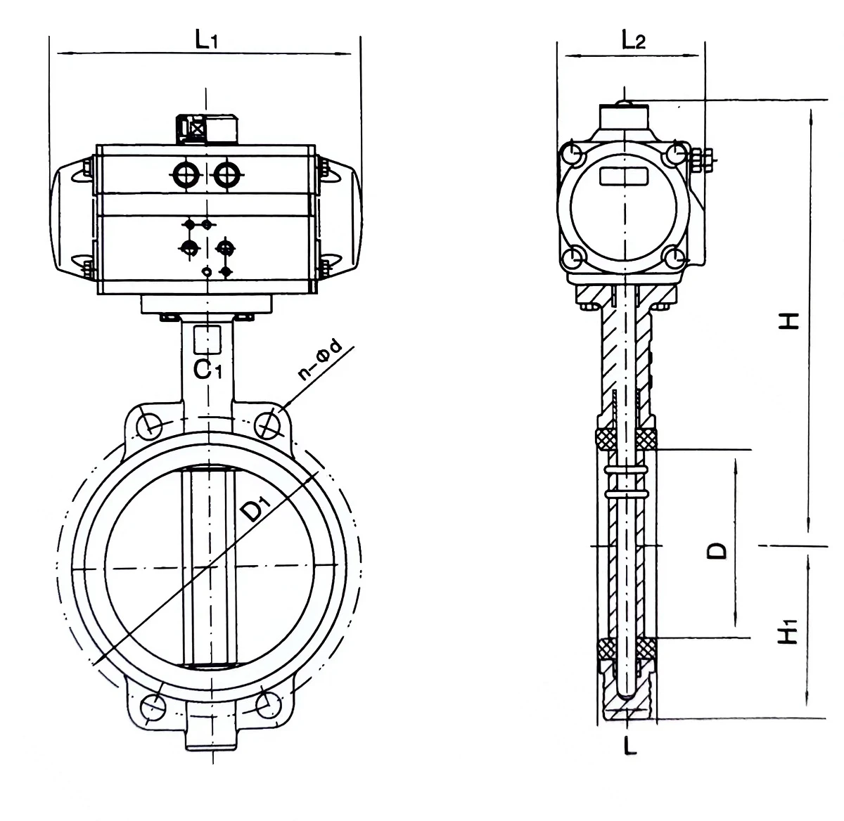 dimension of D671X pneumatic butterfly valve