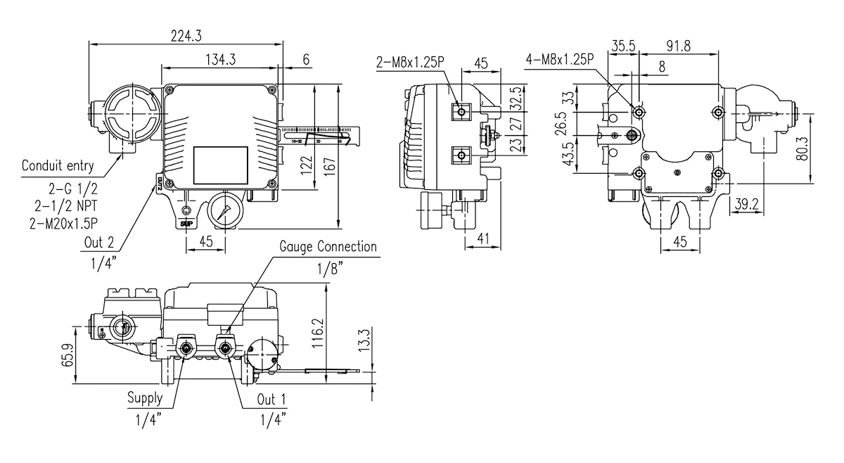 dimension of YT-1000L ELECTRO-PNEUMATIC POSITIONER