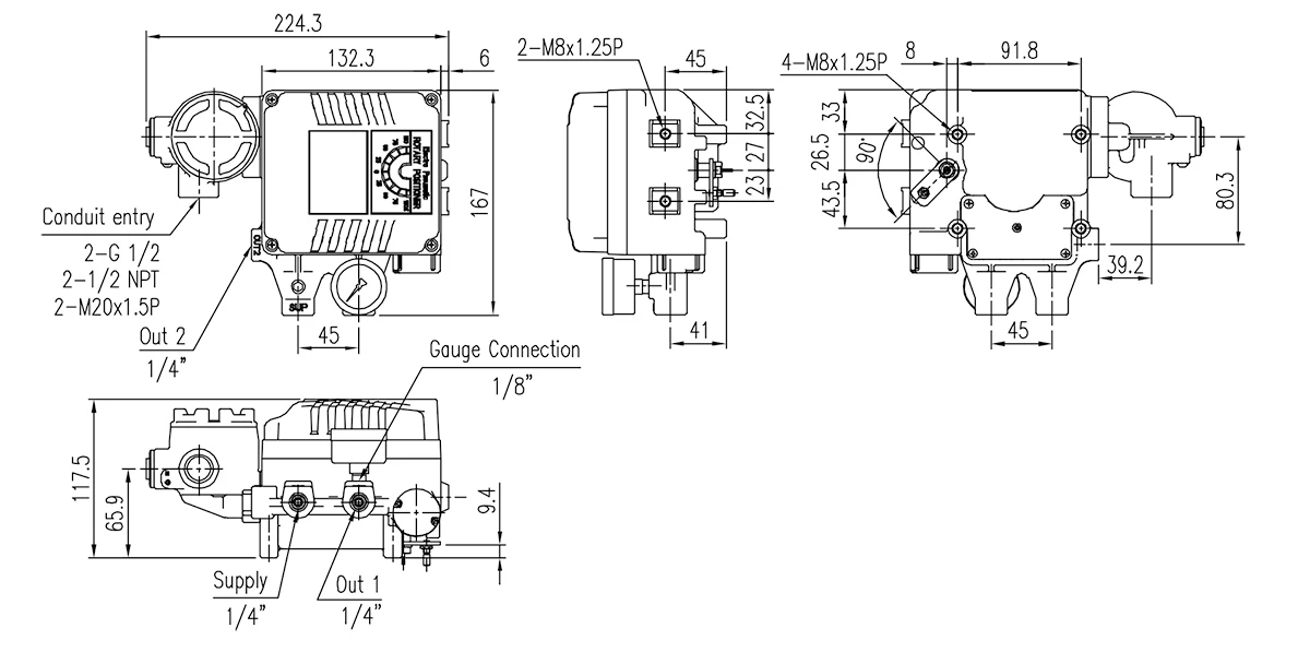 dimension of YT1000R electro-pneumatic positioner